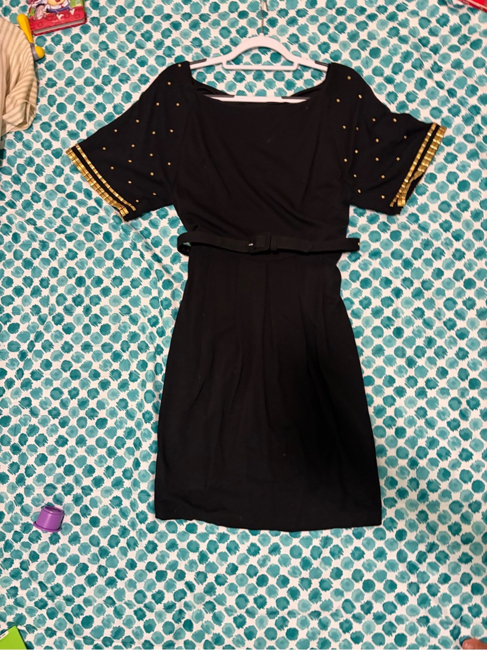 Black Belted Dress with Gold Accent Sleeves